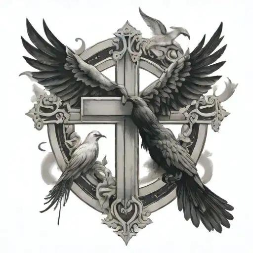 3 Crosses With 2 Doves And A Raven Flying