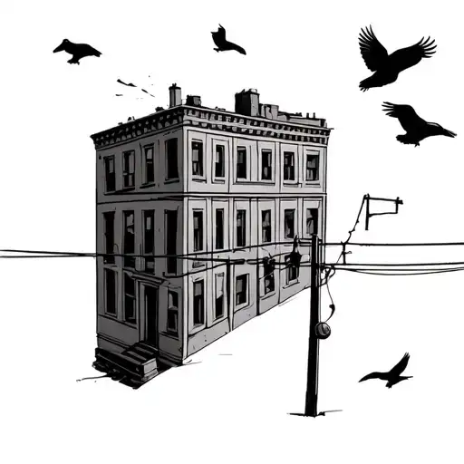 Buildings With A Street And Wire Post And Shoe Hanging On The Wire Post With Ravens Flying Around