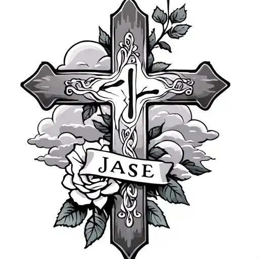 Cross With The Name Jase With A Rose And Clouds On A Forearm