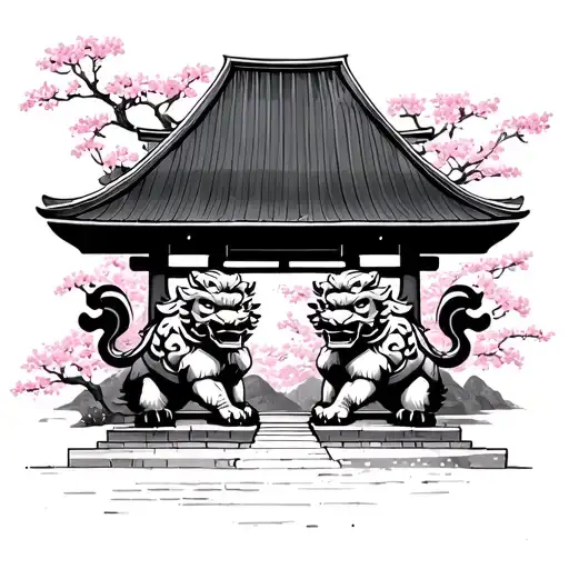Two Japanese Komainu Guarding A Traditional Japanese Cherry Blossom Tree Behind A Torii Gate