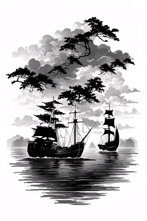 Two Islands And A Boat Sailing Across Front Of Right