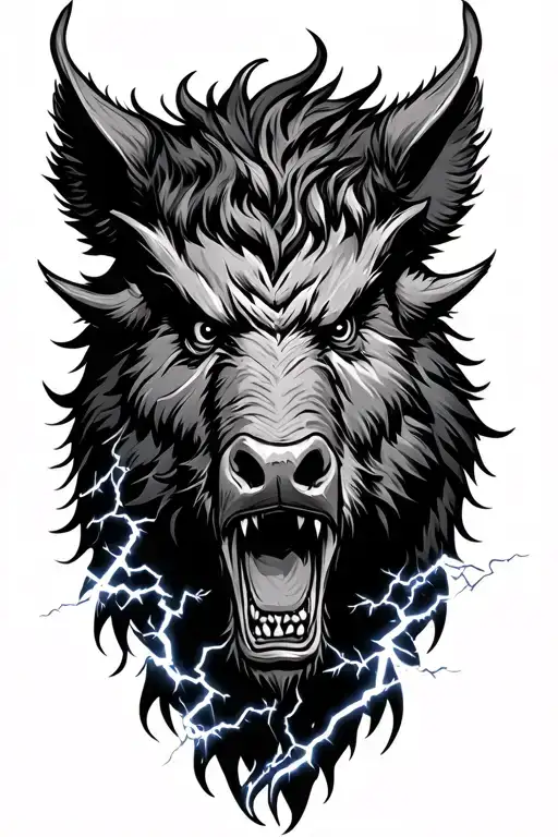 Angry Boar Head In Lightning Storm Clouds