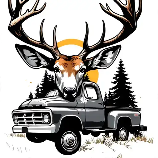 Ford Truck Whitetail Deer Head With Trees Colors Sunset