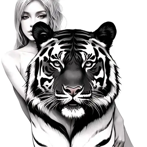 Black And White Drawing Naked Girl In An Embrace With A Tiger