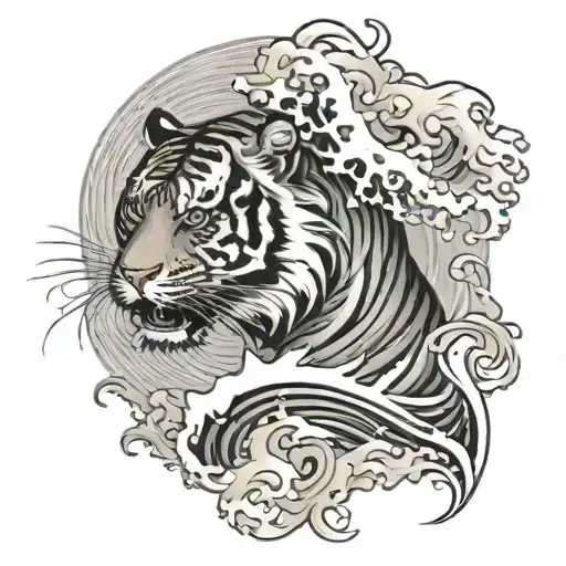 Tiger And Japanese Wave Crashing