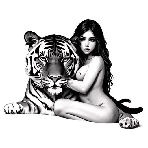 Black And White Drawing Naked Girl In An Embrace With A Tiger