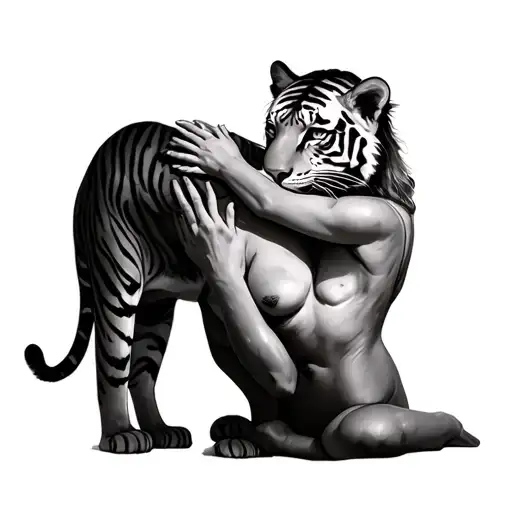 Black And White Drawing Naked Girl In An Embrace With A Tiger