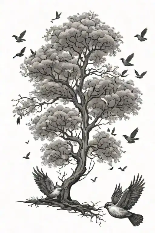 Tree With Birds Flying Away