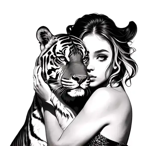 Black And White Drawing Naked Girl In An Embrace With A Tiger