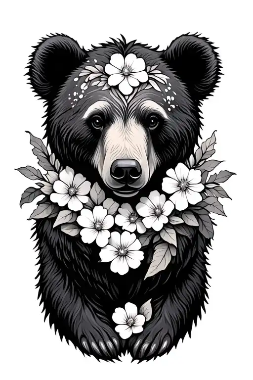 Bear Outline And Flowers Intertwined