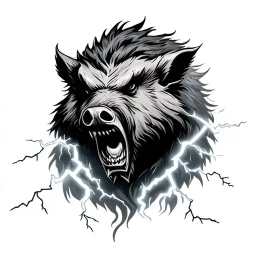 Angry Boar Surrounded By Lightning Storm