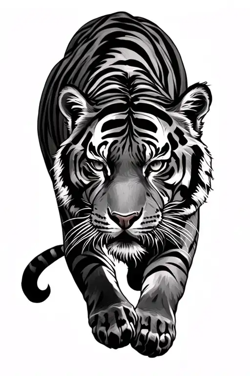 Tiger Walking On My Shoulder With Tail Going Up To Neck With A Curve On It