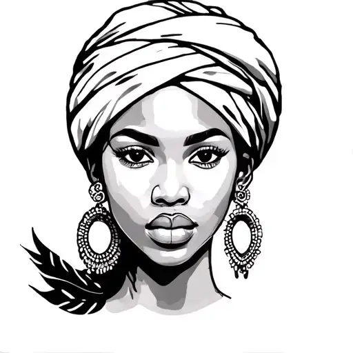 Stencil Tattoo African Woman With Turban And Piercing In Black And White
