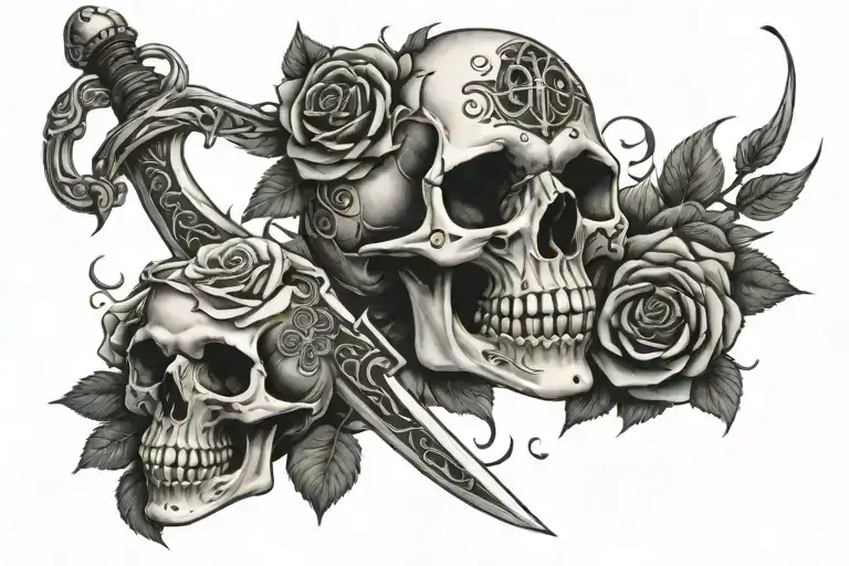 Sword Going Through Skull With A Snake And Rose Vine Spiraling Around The Sword