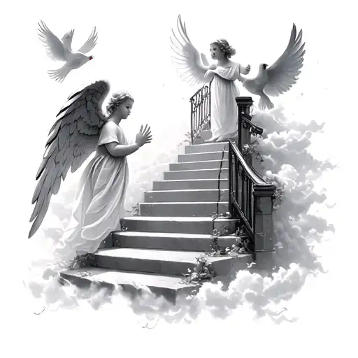 Baby Angel Staircase In The Clouds Gate To Heaven And Doves