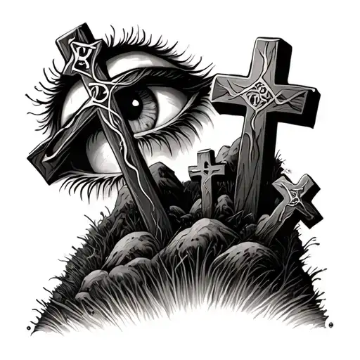 Three Crosses On Hill With Eye Inside