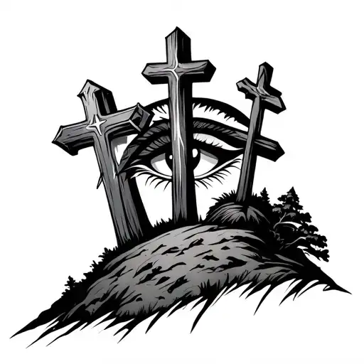 Three Crosses On Hill With Eye Inside
