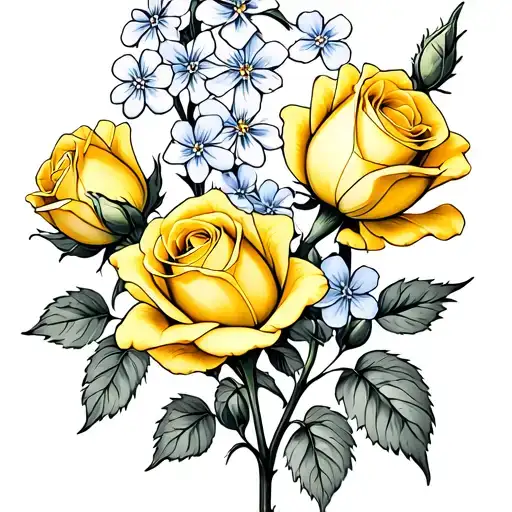 Yellow Rose Buds With Forget Me Not Flowers Intertwined