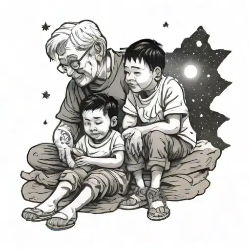 Young Brown Boy And Older Tubby Grandma Sitting Under The Stars