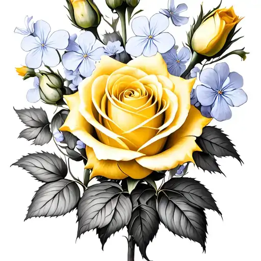 Yellow Rose Buds With Forget Me Not Flowers Intertwined