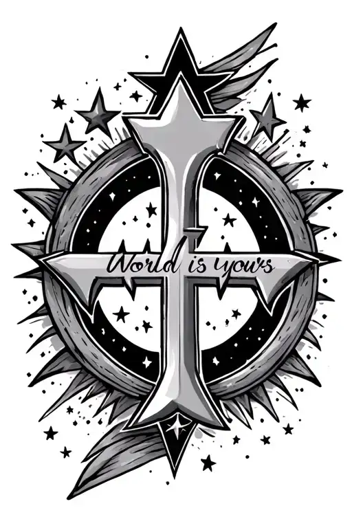 The World Is Yours With Stars Around It And The T As A Cross With The Letter I As A Star