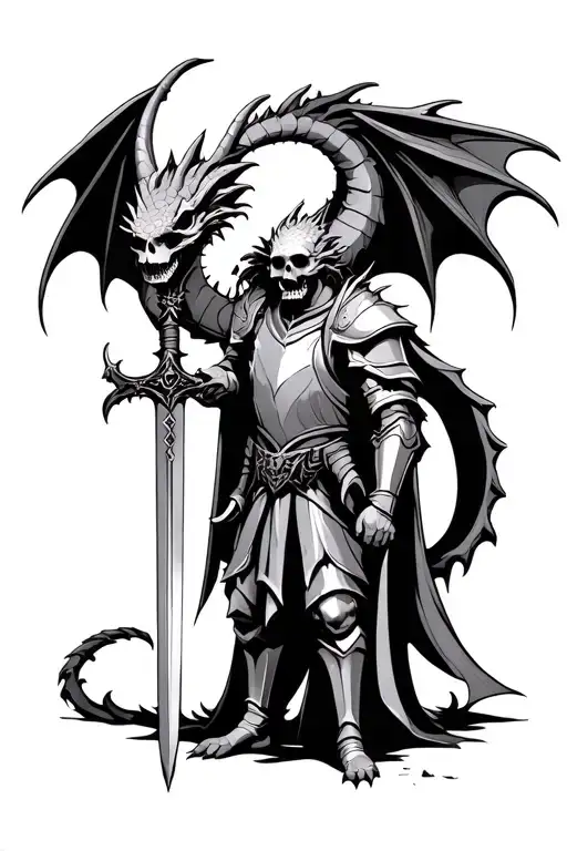 Dragon And Knight Holding A Sword And A Skull