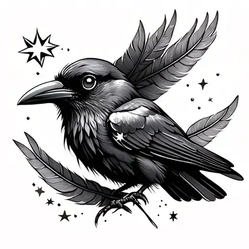 Dainty Raven With Stars In Its Eye And Feathers