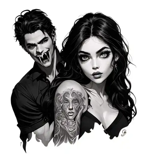 Handsome Man With Fangs Hug A Girl