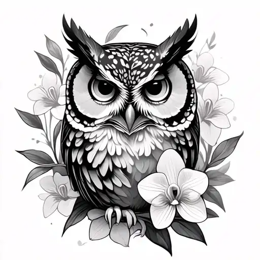 Owl And Orchid Flowers Surrounding