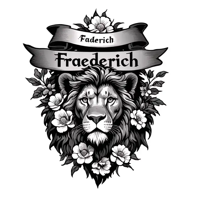 Lion Surrounded By Flowers With A Banner On Top Saying Fraederich