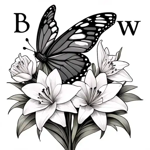 Daffodils And Lily With A Butterfly And With The Initials B And W In The Wings Of The Butterfly