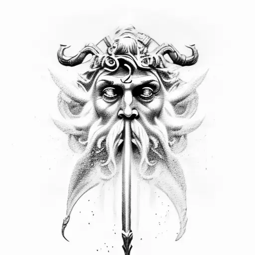 A Tattoo Of Poseidon Rising From The Depths Of The Ocean