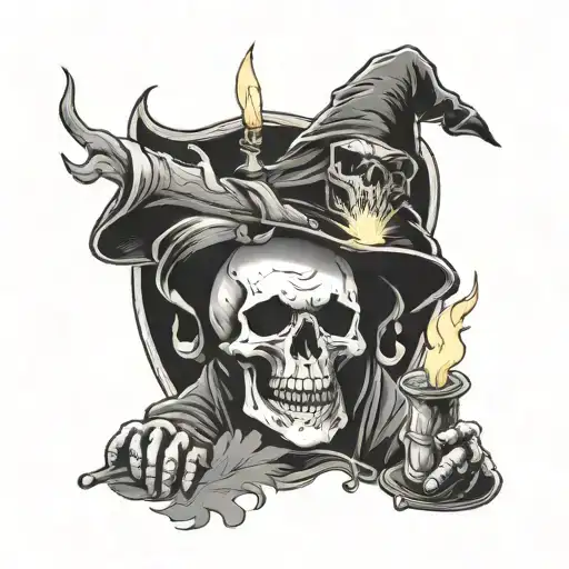 Skull With Candle On Top Infront Of A Wizard Casting A Spell