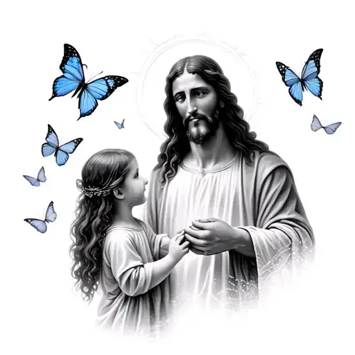 Jesus Holding Hands With Little Girl Surrounded By Butterflies
