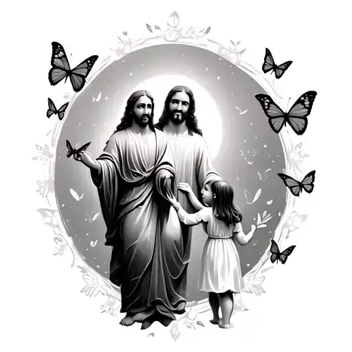 Jesus Holding Hands With Little Girl Surrounded By Butterflies Walking Away Simple