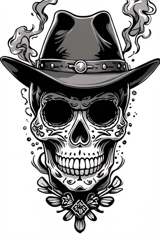 Outlaw Sugar Skull Wearing Cowboy Hat With Smoke In The Background