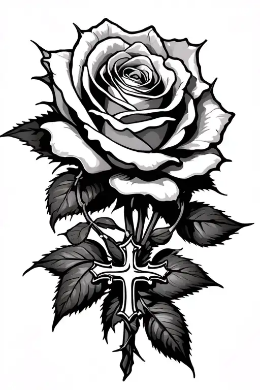 Rose With Barbed Wire And A Orthodox Cross Under It