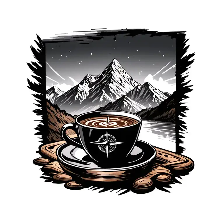 Coffee Cup With Mountain Behind Compass Surrounded