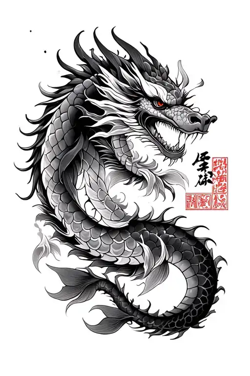 Japanese Dragon With Mix Of Koi Fish And A Japanese Monastery