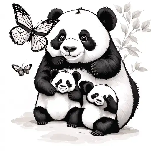 Pandas Family Of 2 With A Single Butterfly Flying Away