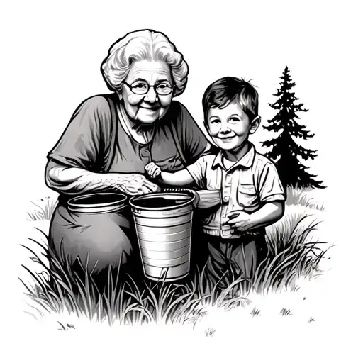 Grandma And Grandson Holding A Bucket With Trees In The Background
