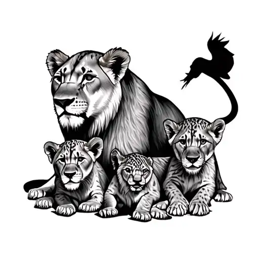 Lioness 4 Cubs Playing