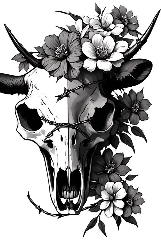 Half Cow Skull Half Flowers With Barbed Wire Wrapped