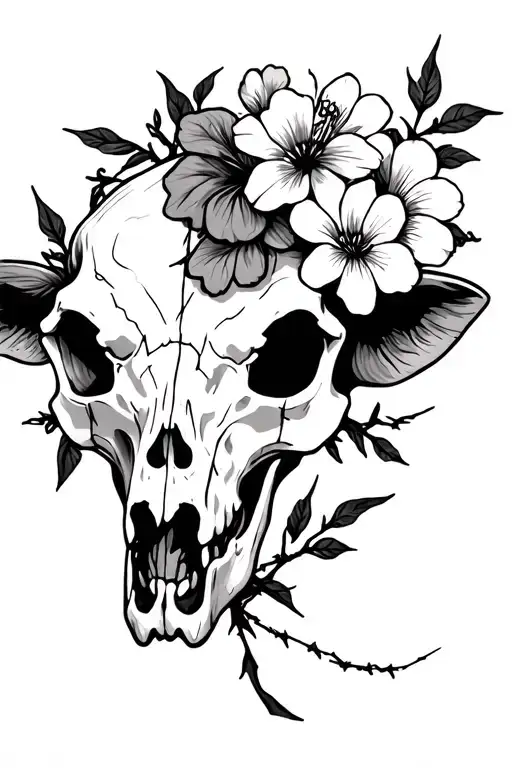 Half Cow Skull Half Flowers With Barbed Wire Black Ink