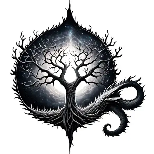 Yggdrasil Tree Of Life Inside Of A Galaxy With A Dragon