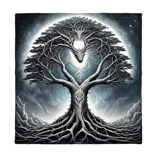 Yggdrasil Tree Of Life Inside Of A Galaxy With A Dragon In The Sky