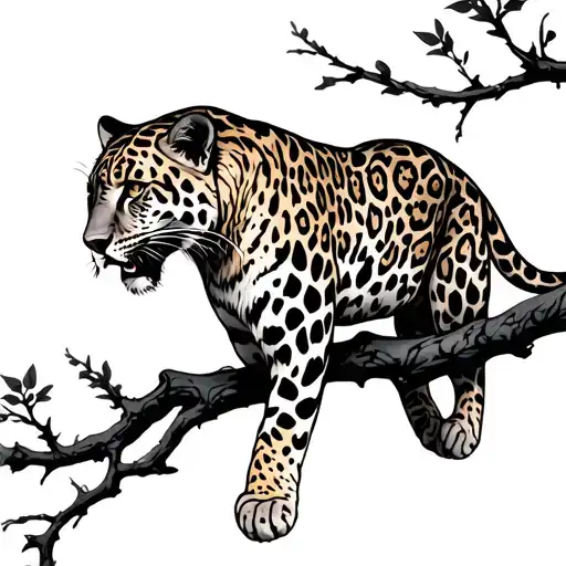 Full Body Leopard Climbing Down A Branch
