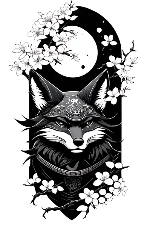 Fox Mask And Cherry Blossoms Falling And Silhouette Of A Samurai And A Moon