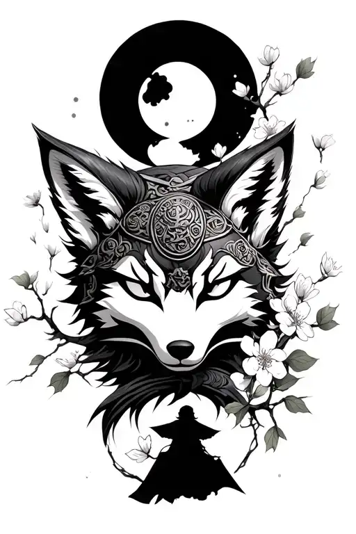 Japanese Fox Mask And Cherry Blossoms Falling And Silhouette Of A Samurai And A Moon
