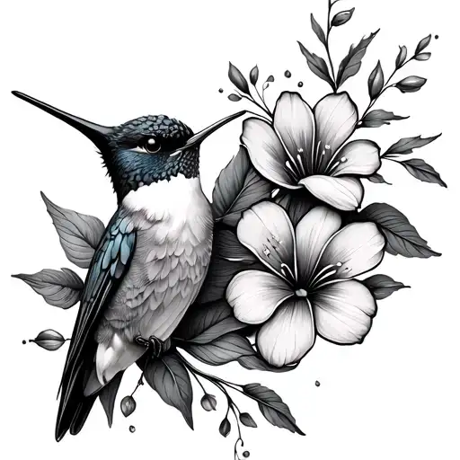 Delicate Line Flowers With Line Hummingbird Perched